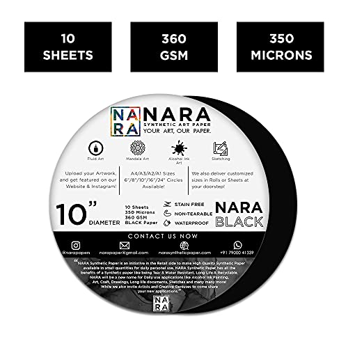 NARA Alcohol Ink Paper | Black | 10” Diameter Circle | 350 microns/360 GSM | 10 Sheets | Medium+ Paper | Paper for Alcohol Ink Art Painting | 100% Stain-Free - color: Black_Circle_Paper Sheets_01