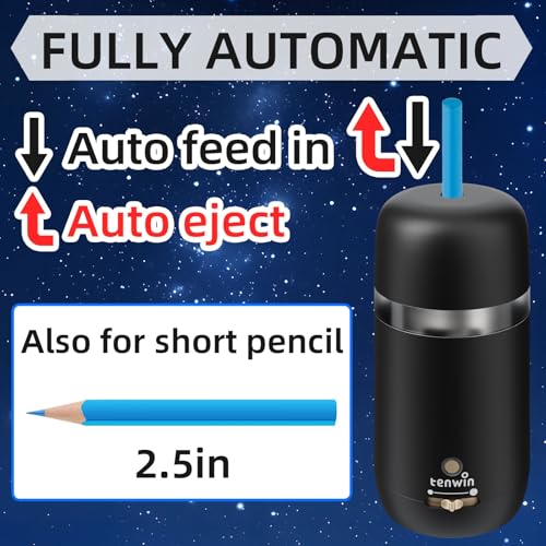 tenwin Electric Pencil Sharpener for 7-12mm Pencil Built-in Breathing Light | Fully Automatic, Rechargeable Pencil Sharpener Cordless, Handsfree Auto in&Eject, 3 Selectable Adjustable Pencil Nibs - color: Black