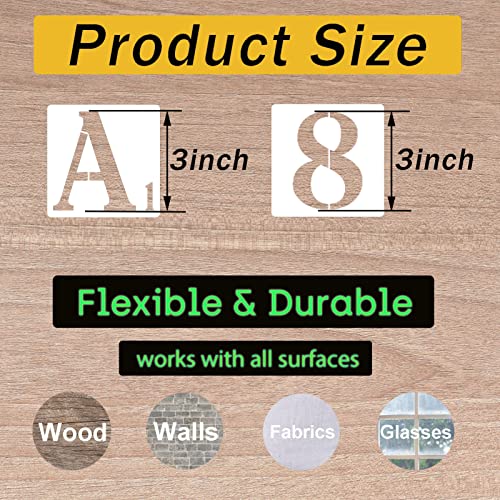 3 Inch Letter Stencils Numbers Craft Stencils, 42 Pcs Reusable Plastic Alphabet Drawing Templates for Painting on Wood, Wall, Fabric, Rock, Signage, Door Porch, DIY Art Projects - size: 3 Inch