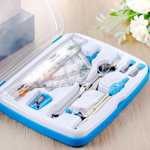 Mr. Pen 13 Piece Geometry Set with Shatterproof Storage Box, Blue | 45° & 30°/60° Set Squares, Pencils, Lead Refills, Sharpener & Eraser for Math, Drafting & Classroom Use - color: Blue