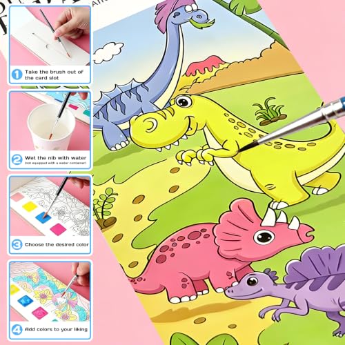 Pocket Watercolor Painting Book, 12-Page Travel Set for Kids 5+ Years, Art Craft Gift for Boys and Girls, Birthday and Christmas Party (Dinosaur Paradise) - color: Dinosaur Paradise