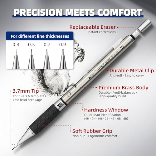 WUO 38PCS Art Mechanical Pencil Set with Storage Case, Metal Drawing Pencil - color: Black+Silver2 - 4 Sizes + 2.0mm