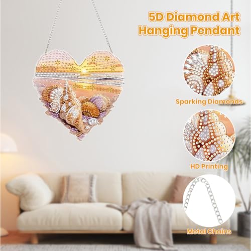 MOGTAA Beach Diamond Art Hanging Kits for Adults, DIY Double Sided Sunset Diamond Art Suncatchers, 5D Special Shape Diamond Painting Shell Pendant Window Ornament Gifts for Home Wall Door Decor - color: Beach-03