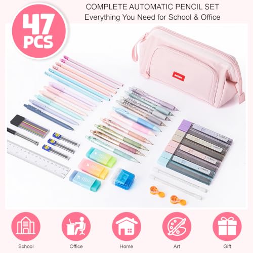 Eersida 47 Pcs Aesthetic School Supplies with Cute Pen Case, Mechanical Pencils 0.5mm, 0.7mm, 0.9mm & 2.0mm with Leads and Eraser Refills, Wood Pencils #2, for Writing, Drawing & Drafting (Pink) - color: Pink