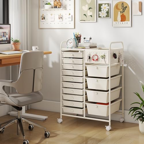 Giantex 14 Drawer Storage Cart, Rolling Craft Cart with Metal Tabletop & Pegboard, Mobile Utility Organizer Trolley with Locking Wheels, Home Office, Ivory - color: Ivory, size: 14 Drawer-25"x14.5"x34.5"