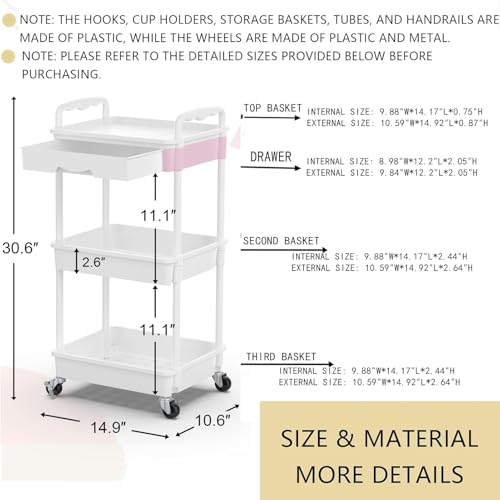 Goovilla 3 Tier Rolling Utility Cart Organizer with Removable Drawer, White | Stable and Sturdy Rolling Storage Carts with 2 Lockable Wheels for Bathroom, Kitchen, Snack, Craft, Makeup, Baby Essentials - size: 3 Tier, style: White