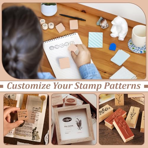 BENECREAT 40Pcs Wooden Stamp Blocks, 5 Sizes Blank Rubber Stamp Mounts with Rubber Stamp Sheet, Laser Engraving Rubber Seal Accessories for Crafts DIY
