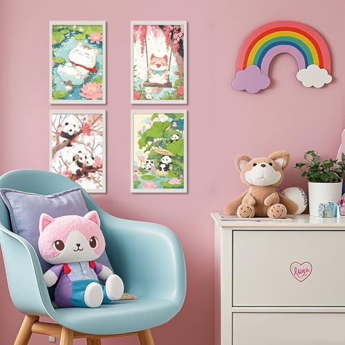 PERFECTSIGHT Cute 5D Diamond Art Kits, Kawaii DIY Painting Art for Adults Teen, 4 Pack Diamond Arts and Crafts Sets, Big Gem Full Drill Diamond Dots for Women (Cat+Panda) - style: Cat+Panda