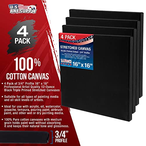 U.S. Art Supply 16x16 inch Black Canvases for Painting, 4 Pack Bulk Stretched Artist Canvas Professional Primed - Ideal for Arts & Crafts, Heavy-Weight Gesso - Acrylic Pouring, Oil Paint - size: 16" x 16"