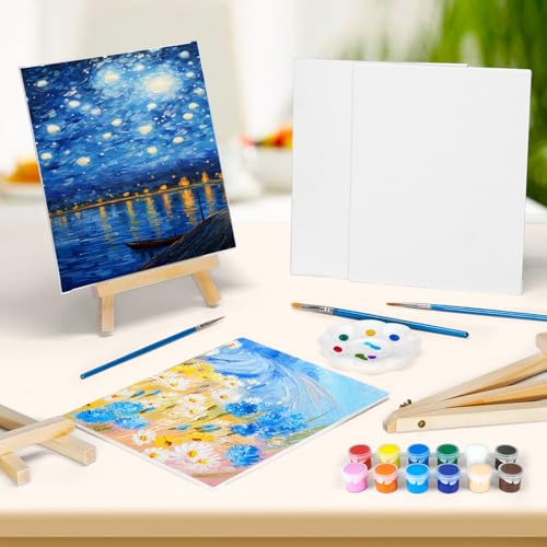 16 Pack 8 * 10In Canvas Boards for Painting, Art Canvas for Drawing with 32 Brushes & 16 Paint Trays & 32 Acrylic Paint, Mini Painting Canvas with Easel Set, Painting Kits for Adults Party - style: Pack of 16