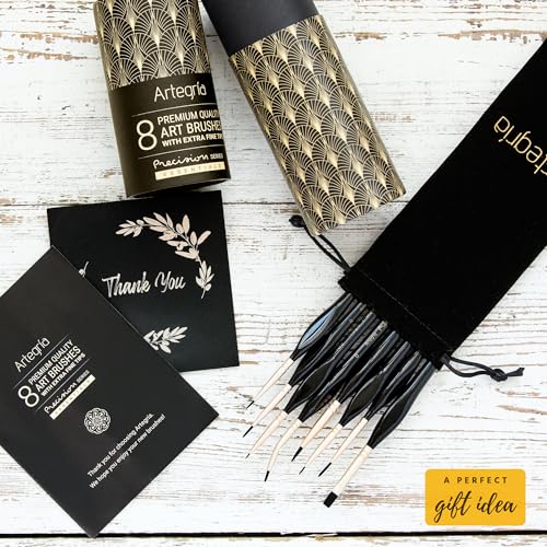 ARTEGRIA Detail Paint Brush Set, 8 Extra Fine Tip Miniature Brushes - color: Black - 8pcs