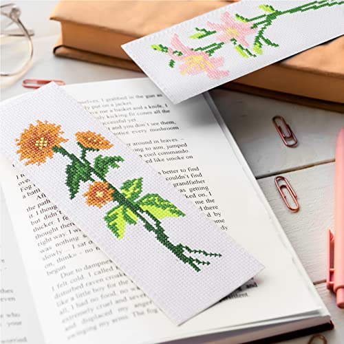 Caydo 3 Pieces Cross Stitch Bookmarks, DIY Stamped Embroidery Bookmark Kit | Cross Stitch Bookmarks for Beginner Flower Patterns 14 Count Crossstitch Projects for Book Lovers