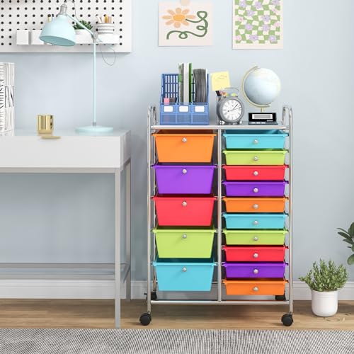 Giantex 15-Drawer Organizer Cart Office School Storage Cart Rolling Drawer Cart for Tools, Scrapbook, Paper (Multicolor) - color: Red+Orange+Green+Blue+Purple, size: 15 Drawer-25"x14.5"x34.5"