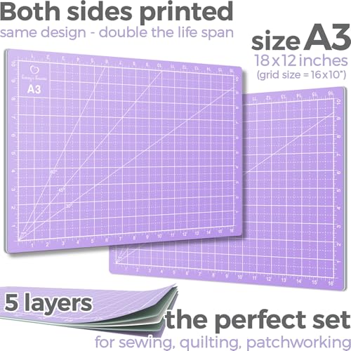 Rotary Cutter Set lavender - Quilting Kit incl. 45mm Fabric Cutter, 5 Replacement Blades, A3 Cutting Mat, Acrylic Ruler and Craft Clips - Ideal for Crafting, Sewing, Patchworking, Crochet & Knitting - color: Lavender, size: A3 (18" x 12")