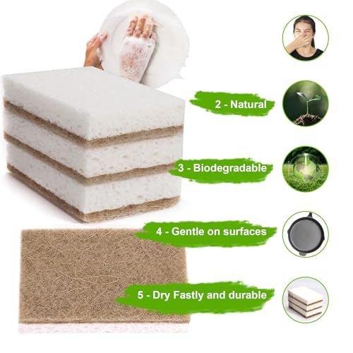 Natural Sponges for Dishes 12 Pack - Keep Soap Biodegradable Kitchen Sponge Compostable Coconut Scrubber - Eco Friendly Cleaning Sponges - color: Brown White 12pcs
