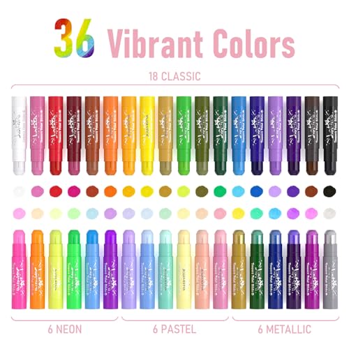 JUPITEARTH Tempera Paint Sticks for Kids, Quick Drying, 36 Colors | Non-Toxic and Washable Paint Sticks, 120 PDF Coloring Pages and 30 Stickers, Smooth, Mess-Free Art Supplies for Crafts - color: 36 Colors (Classic, Neon, Metallic, Pastel)
