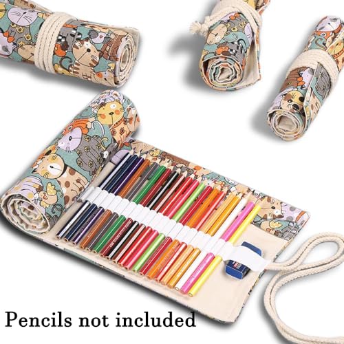 DIYOMR 24/36/72 Slots Pencil Wrap Pencil Rolls, Artist Colored Pencils Roll Up Bag Short Brushes Pouch Case Pencils Organizer for Drawing Coloring and Sketching, NO PENCILS (Cuddly Cat, 72slots) - color: Cuddly Cat, size: 72slots