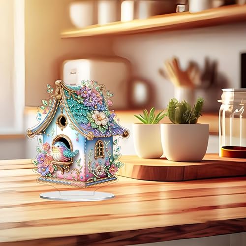 DIY Tabletop Diamond Art Kit for Adult – Gem Painting Art Desktop Ornament with Special Shaped Rhinestones, Acrylic Stand-Up Gem Craft for Home Décor & Gift Idea (Bird House) - color: Bird House
