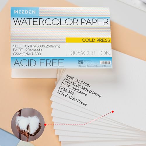MEEDEN Cotton Watercolor Paper Block: 15" x 10" Cold Pressed of 20 Sheets | 140lb/300gsm 100% Cotton Watercolor Paper Pad, Acid-free Art Paper for Painting, Drawing, Watercolor, Gouache, Ink and More - color: Cold Press, size: 10×15"