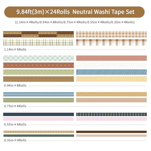 Neutral Washi Tape Set 24 Rolls,Decorative Masking Tape for Junk Journal, Scrapbooking Supplies, DIY Crafting Supplies - style: Neutral