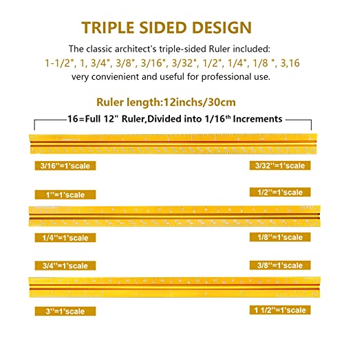 Architectural Scale Ruler, Imperial Measurements 12'', Laser-Etched Aluminum Architect Triangular Ruler Gold for Architects, Students, Draftsman, and Engineers by mveohos | Gold, Laser-Etched Aluminum Architect Triangular Ruler for Architects, Students, D