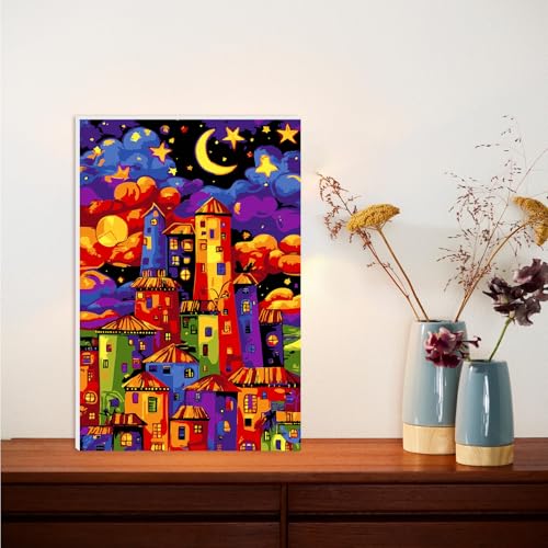 Lxmsja Whimsical Cityscape Paint by Numbers Kit for Adults, Magical Night Sky Acrylic Paint by Numbers for Adults Beginner, DIY Craft Supplies Oil Painting Kits for Home Wall Decor 8x12 inch (Framed) - color: blue#111