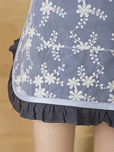 Unisex Chef Aprons White Retro Cotton Maid Short 2 Pockets Waist Waiter Waitress Half Apron - color: Grey-embroidered