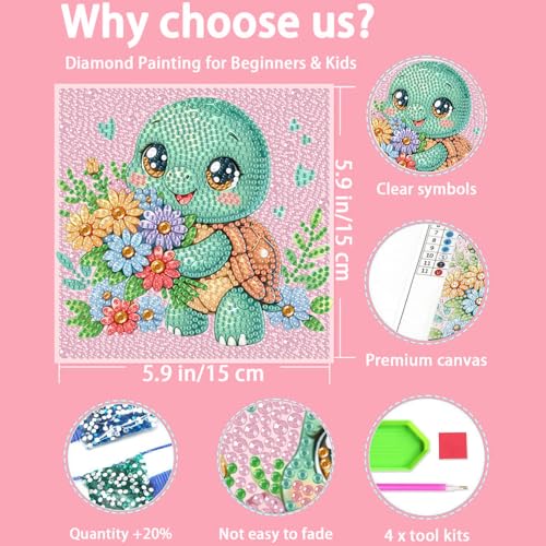 4 PCS Animal Diamond Art Painting Kits for Kids Ages 4-8-12 (6x6 inch) | Panda Sea Turtle Owl Cow Diamond Art for Kids Ages 4-8-12, Gem Painting Kit Crafts Beginners for Gift Home Wall Decor - color: CC782+CC783+CC784+CC785