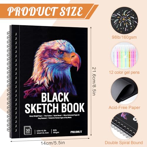 Black Sketchbook Set with 12 Gel Pens, 30 Sheets, 5.5 × 8.5 in | 160gsm Acid-Free Paper, Spiral Bound, Lays Flat, Tear-Out Pages, for Kids, Teens, And Artists - size: 5.5×8.5in Set