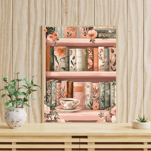 Xylogist Bookshelf Diamond Art Kits for Adults 12 x 16 Inch | Bookshelf Diamond Painting Kits for Adults Beginners, 5D Round Full Diamonds Gem Art Kit for Home Decor Wall Gifts - color: 1 Pack Pink Bookshelf, size: 11.8 x 15.7 in
