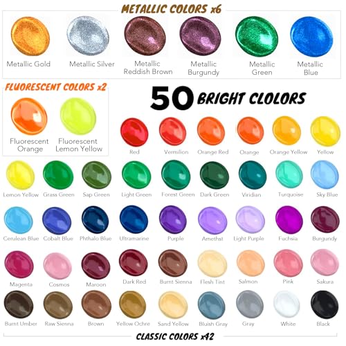 Halobios Acrylic Paint Set 50 Colors(2 fl oz/60 ml), Premium Acrylic Paints for Kids & Adults, With Fluorescent Colors & Metallic Colors for Painting, Drawing & Art Supplies, DIY Arts and Crafts - size: 2 Fl Oz (Pack of 50)