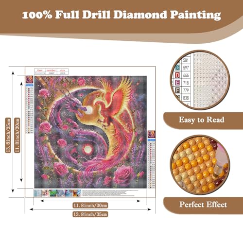 DIY Diamond Art Kits for Adults, Dragon and Phoenix Diamond Painting Kits | Gem Painting, Dimond Art Paintings Kit, Full Drill Diamond Dot for Home Wall Decor 14 X 14 Inch - color: CM067