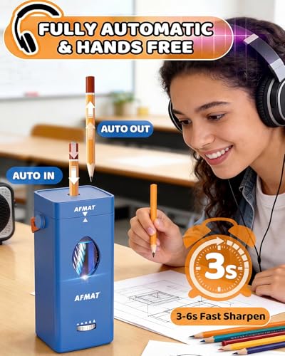 AFMAT Electric Pencil Sharpener, Fully Automatic Pencil Sharpener for 6-12mm No.2/Jumbo Pencils, Auto in & Out, 5 Sharpness Modes, Rechargeable Heavy Duty Sharpeners for Classroom/Home/Office PSC7 - color: Royal Blue