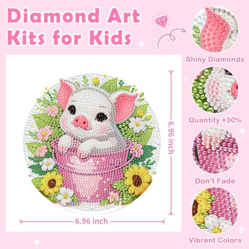 Arttoplus Pig Diamond Art Kits for Kids with Round Frame 8x8 inch - color: CC1125-US