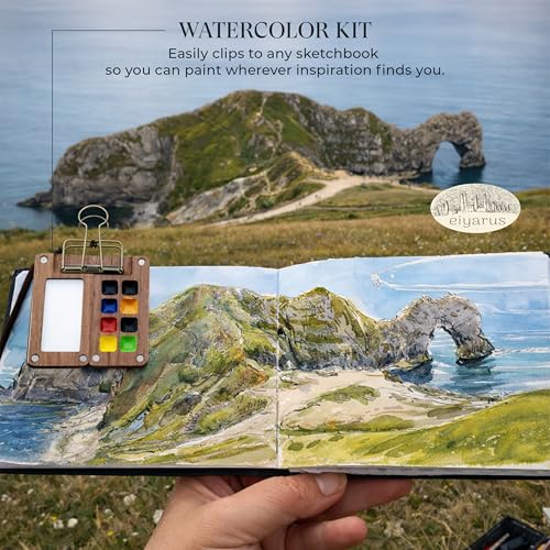 Mini Watercolor Travel Set, Walnut Wood 12 Colors Brush, Sketchbook, 2 Pens