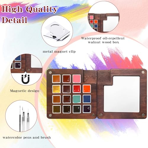 Mini Watercolor Paint Set - 15 Color Travel Watercolor Palette Set - Portable Water Color Paint Set with Binder Clips, Watercolor Brush Pens, Wooden Box for Beginners Painters Artists Student - color: Yellow 15 Colors without Sketchbook