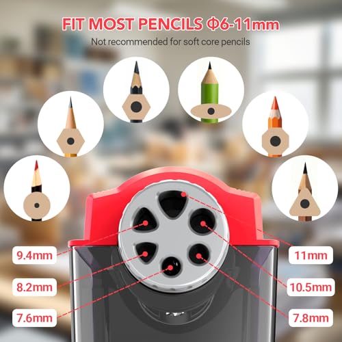 AFMAT Electric Pencil Sharpener Heavy Duty, 6 Holes, Cordless & Rechargeable, Super Fast, Auto Stop, 10K+ Uses, Classroom Pencil Sharpener for 6-11mm No.2/Large/Colored Pencils PSD4(Red) - color: Red