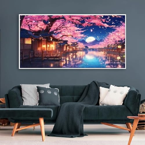 Flower Large Diamond Painting, Cherry Scenery with Moon Large Diamond Art Kits for Adults, Full Drill Round Big Diamond Painting Lake, DIY Gem Art and Crafts for Home Wall Decor Gift 27.5 X 15.7inch - color: 25-50 Lake cherry