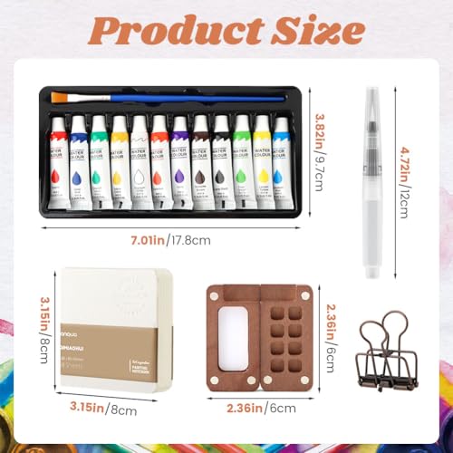 Portable Watercolor Paint Set, Mini Travel Watercolor Palette with Clip, 12-Color Vibrant Watercolors with 8-Compartment Wooden Palette, Portable Art Supplies Kit for Artists, Students & Beginners