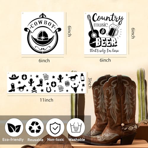 AFRITEE Western Cowboy Stencils for Painting - 20 Pieces Small Landscape Longhorn Skull Reusable Stencils for Painting on Wood, Country Music Beer Drawing Template DIY Home Wood Fence Rock Decoration - style: Western Cowboy