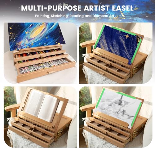 Tabletop Easel for painting with Storage, Wooden Artist Box Easel with 3 Drawers, Adjustable Desk Easel for Painting, Beechwood Art Supply Organizer with Handle & Strap for Adults Artists (Beech Wood)