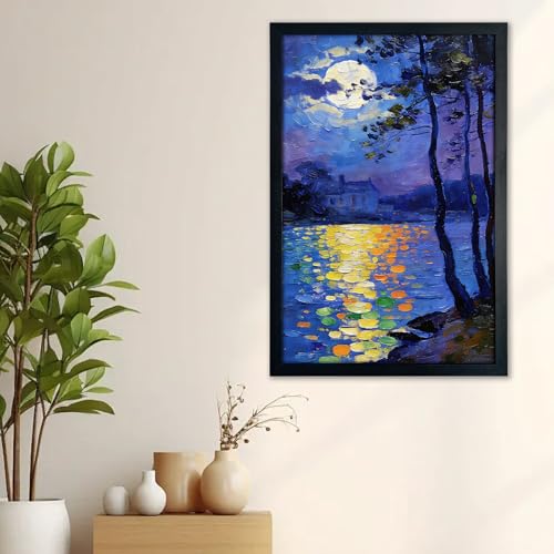 Seaofcity Moonlit Lake Landscape Wall Art, Framed Wall Art for Living Room, Night Blue Scene with Moon Reflection and Distant Cabin, Oil Painting on Canvas, Black Wood Frame, 8" W x 10" L - color: Moonlit Water Lilies, size: 10"l X 8"w