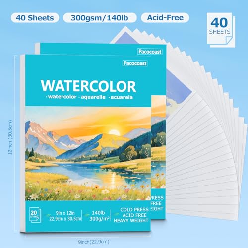 Pacocoast 9"x12" Cold Press Watercolor Paper Pad, 2Pack, Glue Bound, Teal - color: Teal, size: 9" x 12"(Pack of 2)