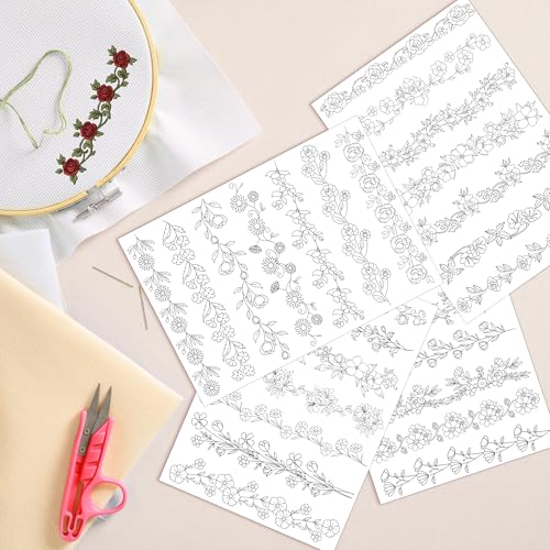 Water Soluble Stabilizer Embroidery Pattern - Flower Border Stick & Stitch Embroidery Paper Wash Away, Running Border Hand Sewing Patterns for Jean Bag T-Shirt (4 Sheets) - style: Border992
