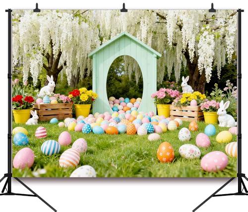 7x5FT Spring Easter Backdrop Cute Bunny Rabbit Colorful Eggs Tulip Mint Green Arch Background for Easter Outdoor Birthday Party Decoration Photo Shoot Props Vinyl - color: grass eggs