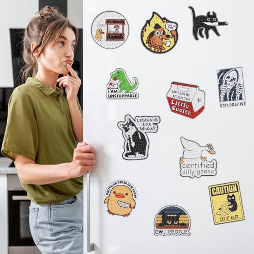 16 Pcs Funny Diamond Painting Magnets Kits Diamond Art Fridge Magnet Refrigerator Sticker Diamond Painting kit for Beginners Adults DIY Art Craft Gifts Home Decors - color: Funny