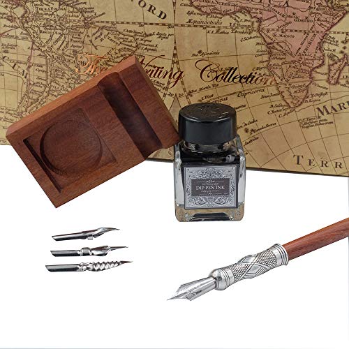 Antique Wooden Stem Pen Handcrafted Calligraphy Pen Set Dip Nib Pens-Writing Case With Black Ink Pen Wooden Holder Cartridges LL-184