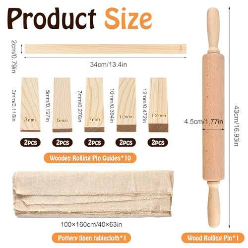 Akamino 20 Pcs Pottery Tools Include 1 Wood Rolling Pin,1 Portable Pottery Linen Tablecloth, 10 Pcs 5 Size Teaching Rolling Mud Stick Guide, 8 Clay Sculpting Tools for Manual Self Ceramic Clay Making