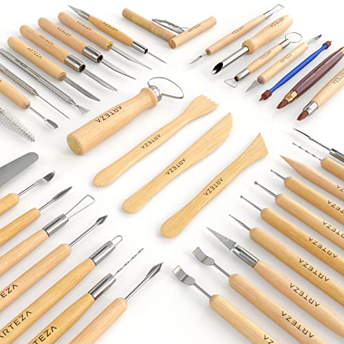 ARTEZA Pottery & Sculpting Tools, 42-Piece Clay Tools Set with Wooden Handles & Steel Tips for Polymer Clay, Ceramics, Carving, Modeling, Shaping & Smoothing - size: Set of 42
