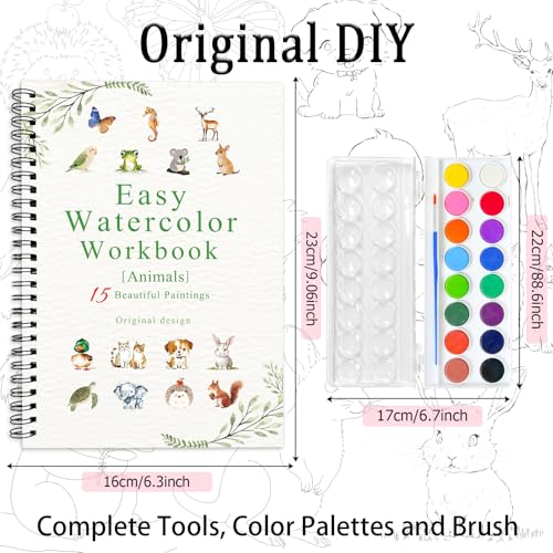 Watercolor Workbooks, 16 Colors Water Color Books Paint Set for Adults, Watercolor Coloring Book for Beginners, Water Color Workbook, 15 Beautiful Paintings for Beginners (Animals) - color: Animals, size: with palette